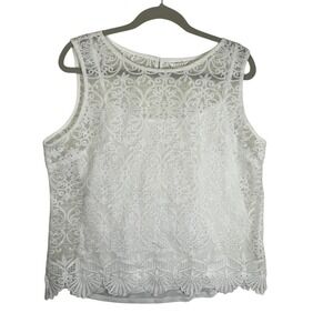 ADIVA Size Extra Large White Lace Embroidered Sleeveless Scalloped Hem Blouse